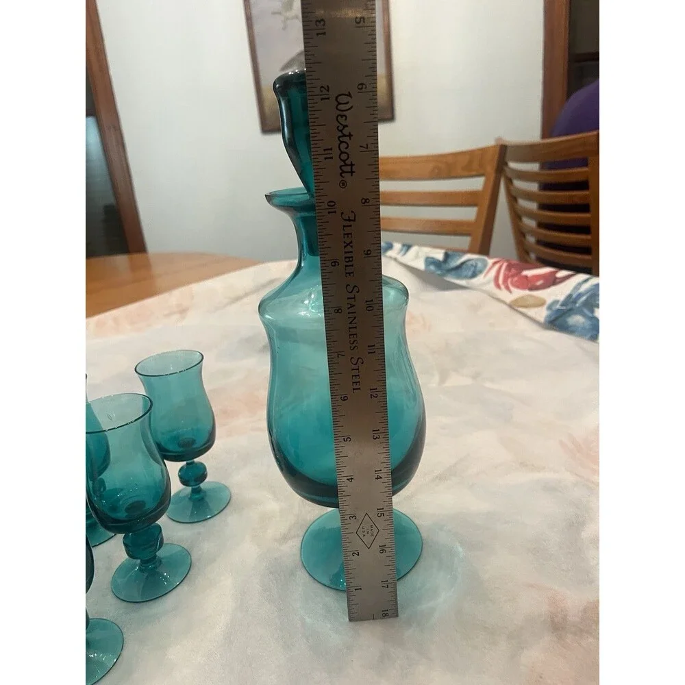 Vintage Teal Blue Art Glass 1 Decanter 6 Wine Glass Very Beautiful Rare!